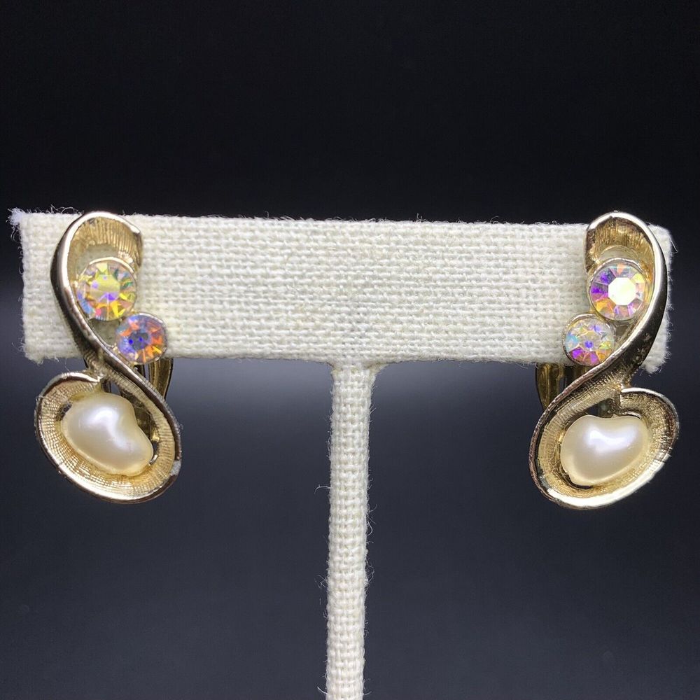 Baby Tooth Shaped Faux Pearl Earrings Clip On Aurora Borealis Rhinestone Vintage